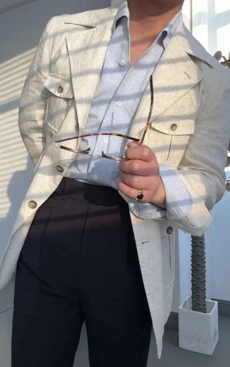 Office suit long sleeve shirt for men, casual elegant style, solid pattern.