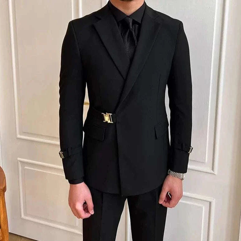 Elegant slim fit suit jacket for men, high-quality polyester, black design.