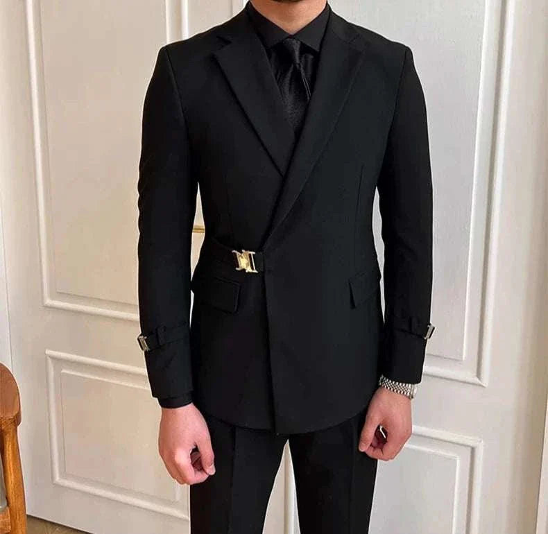 Elegant slim fit suit jacket for men, high-quality polyester, black design.