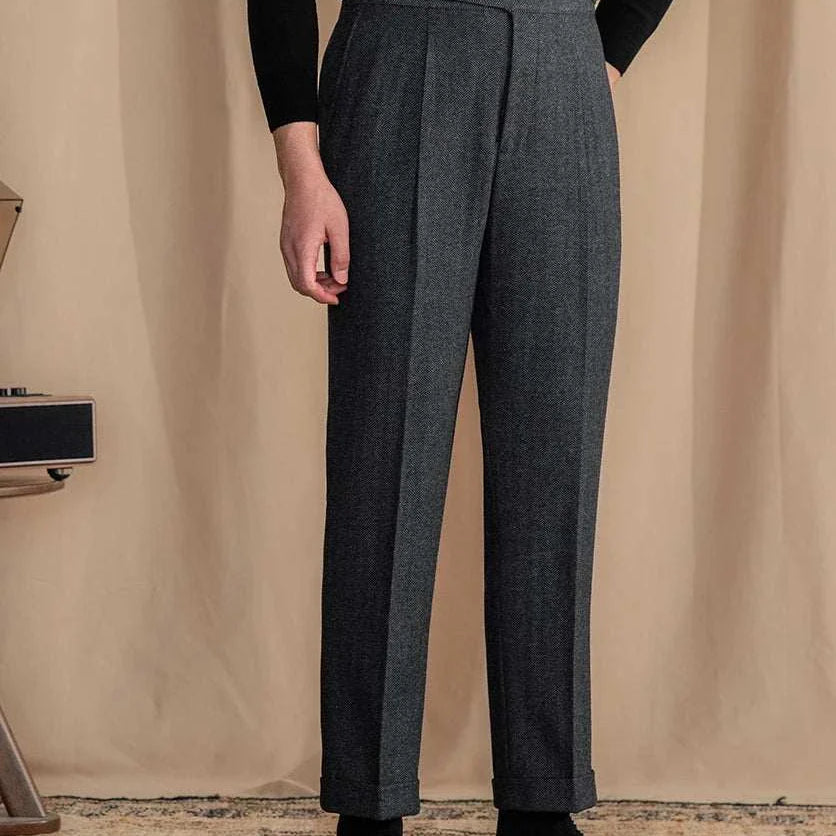 Antonios vintage wool herringbone full-length pants in dark grey, smart casual style.