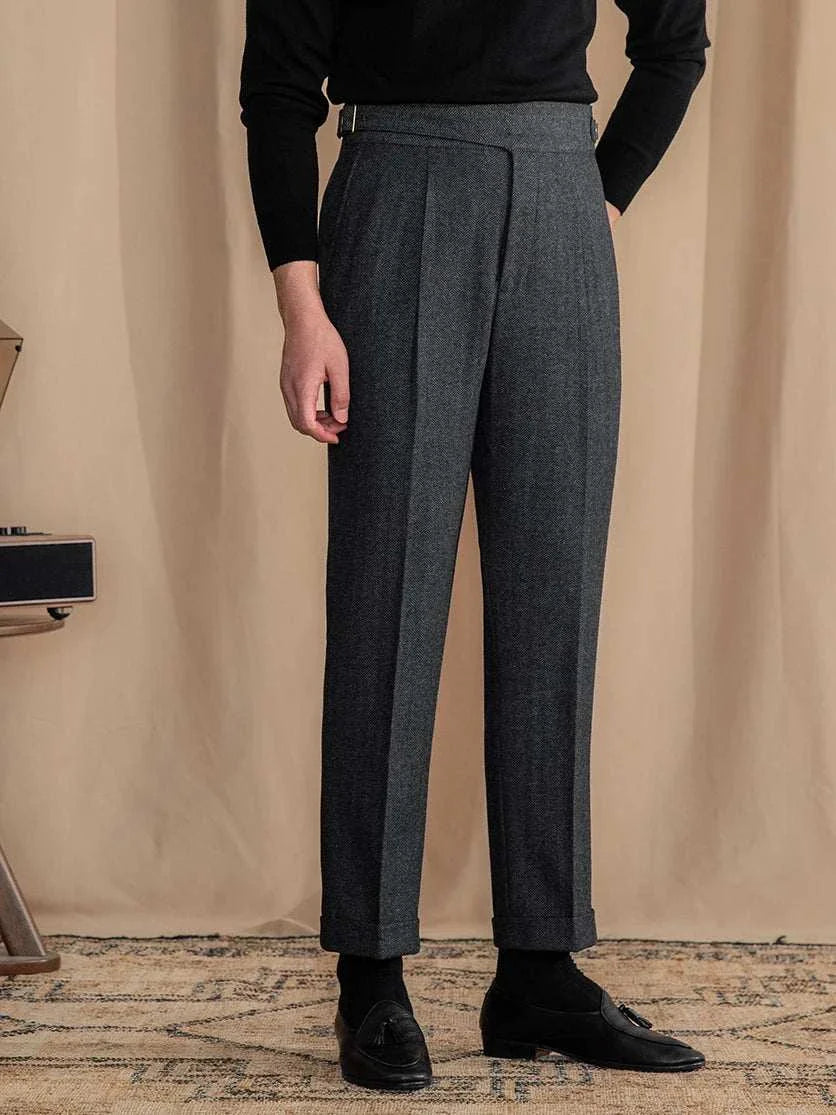 Antonios vintage wool herringbone full-length pants in dark grey, smart casual style.