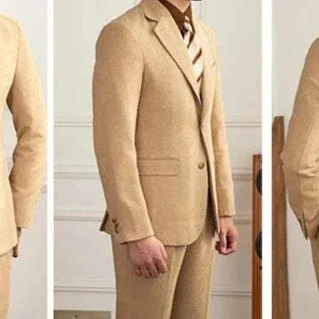 Wedding 2 piece premium suit in beige showcased from different angles.