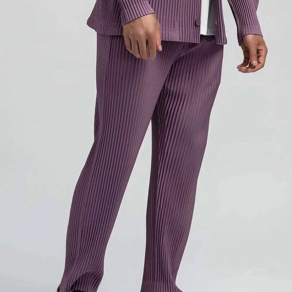 Baggy relaxed fit casual trousers in purple with a comfortable, loose design for men.
