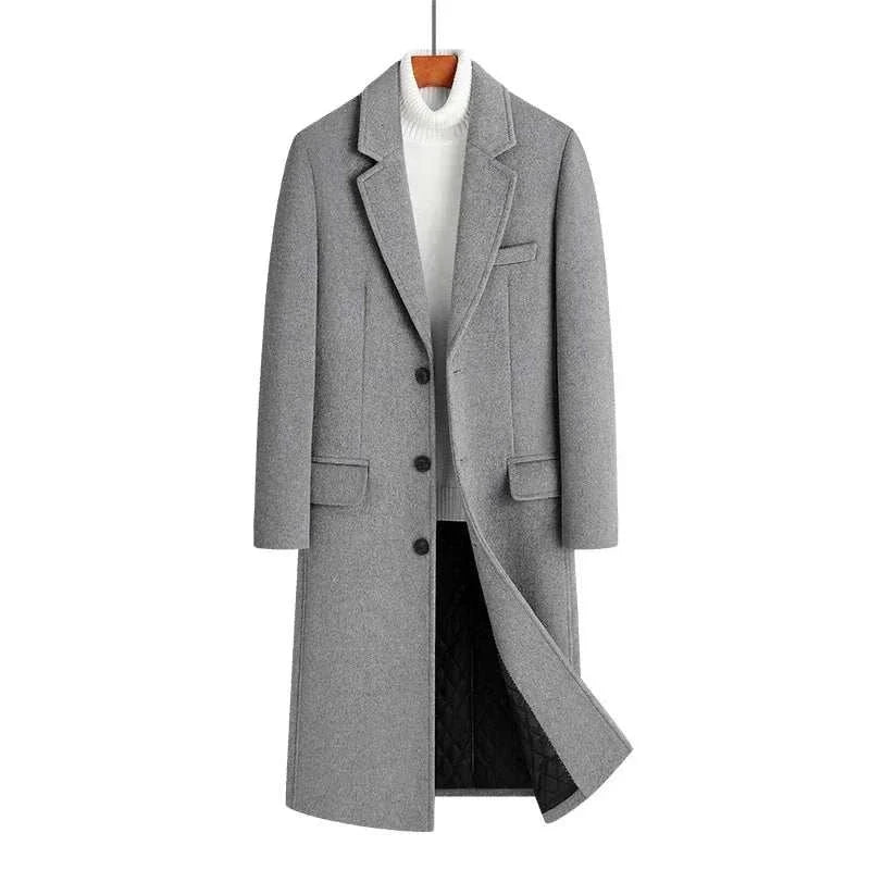 Men's wool elegant long coat in grey, high-quality polyester, autumn/winter wear.