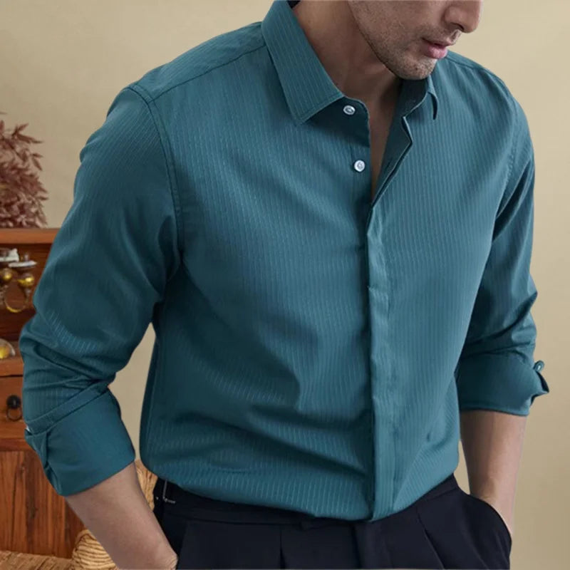 Men's British striped tuxedo shirt in teal, perfect for office wear.