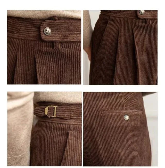 Italian old money vintage pants with button and buckle details in brown fabric.