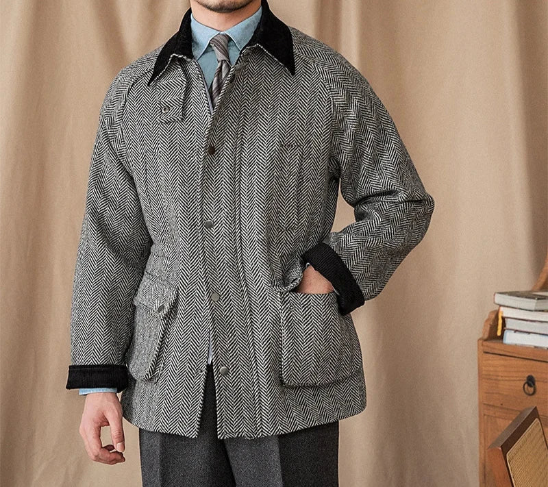 Men's wool heavy vintage coat with herringbone pattern and black collar.