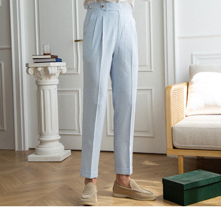 Italian Old Money Trousers showcasing timeless elegance and refined charm in light blue, smart casual style.