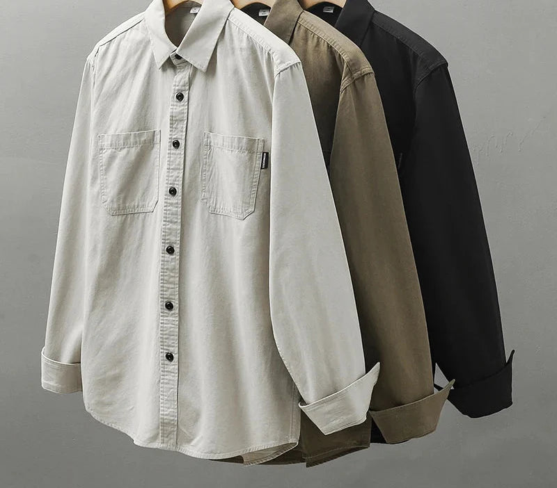 Long sleeve solid color workwear blouse for men in beige, olive, and black.