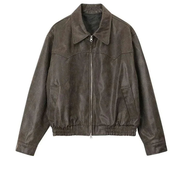 Autumn vintage PU leather jacket for men in dark brown, stylish and durable.