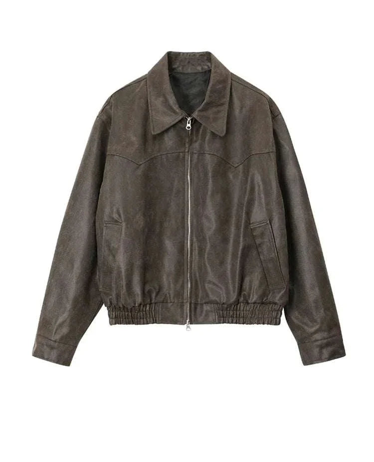Autumn vintage PU leather jacket for men in dark brown, stylish and durable.