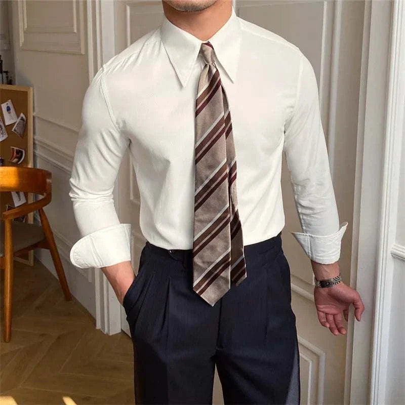 Men's business collar long sleeve shirt, white, perfect for spring/summer seasons, showcasing style and comfort.