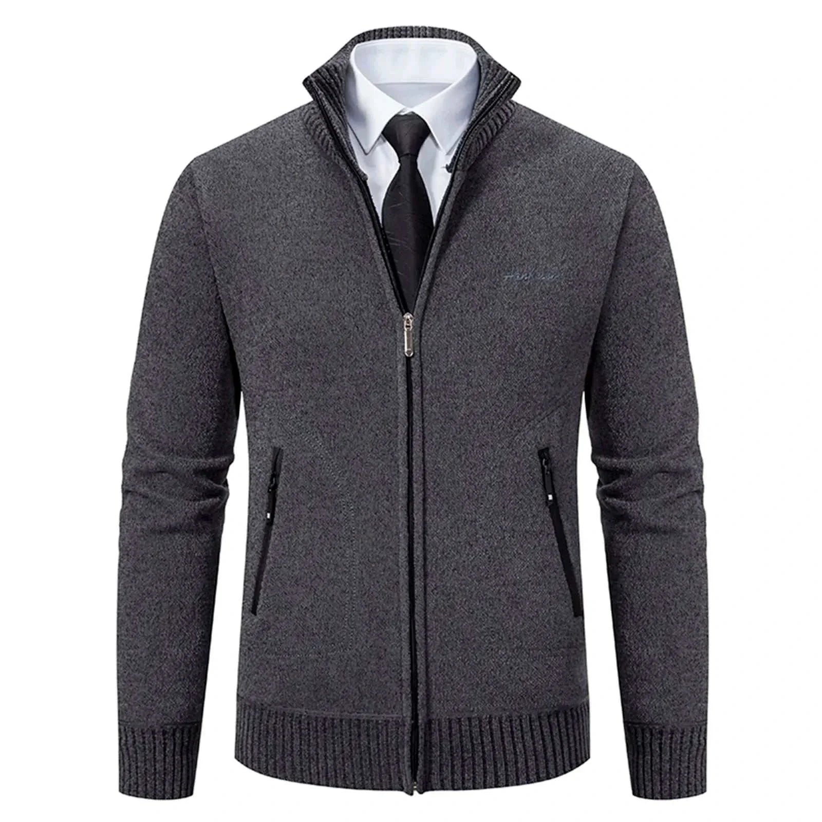 Men's stand collar sweater with zipper, cozy polyester material, autumn/winter wear.