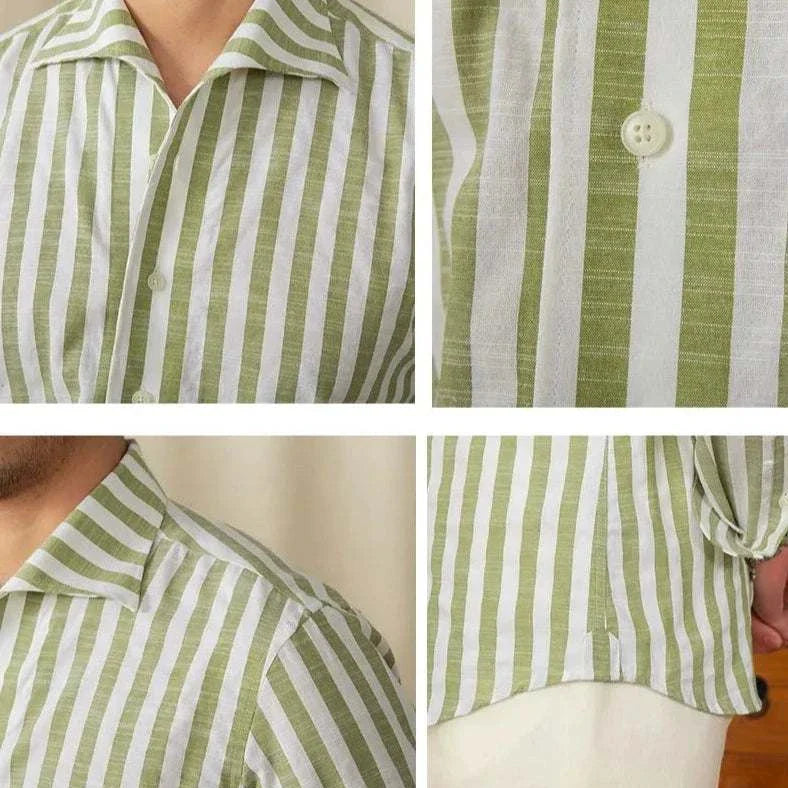 Business striped white summer shirt with green and white vertical stripes, cotton polyester blend, men's casual office wear.
