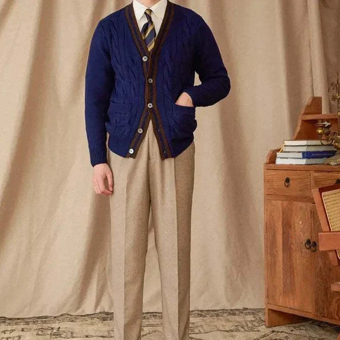 Antonios twisted knit cardigan in Italian vintage style worn by a model.