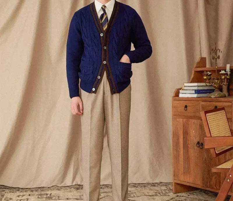 Antonios twisted knit cardigan in Italian vintage style worn by a model.