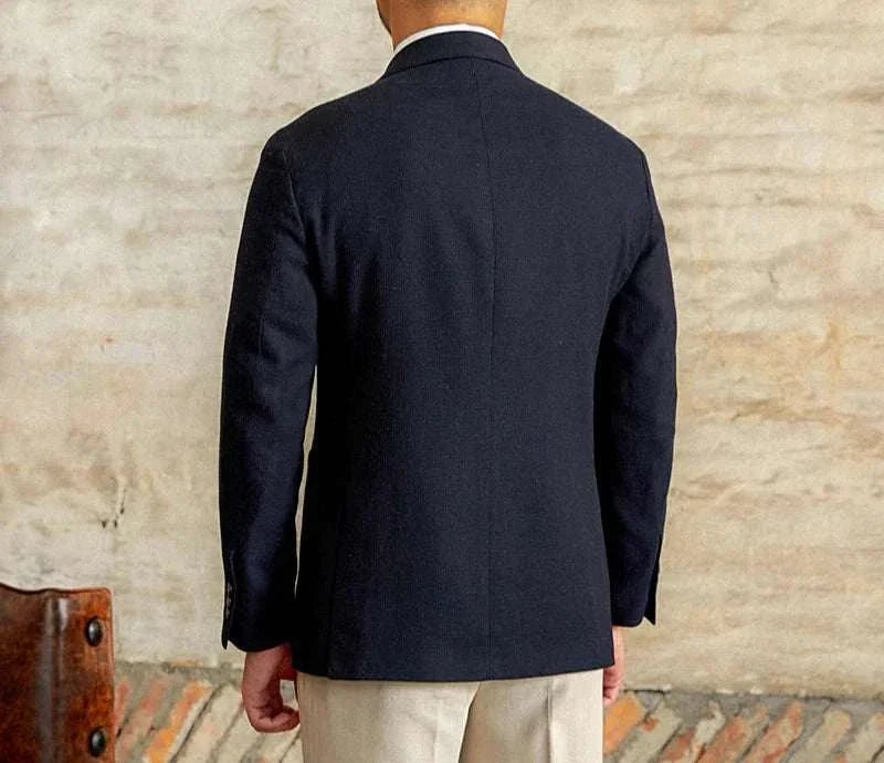 Slim fit cotton-linen blend jacket in navy, rear view, stylish men's attire.