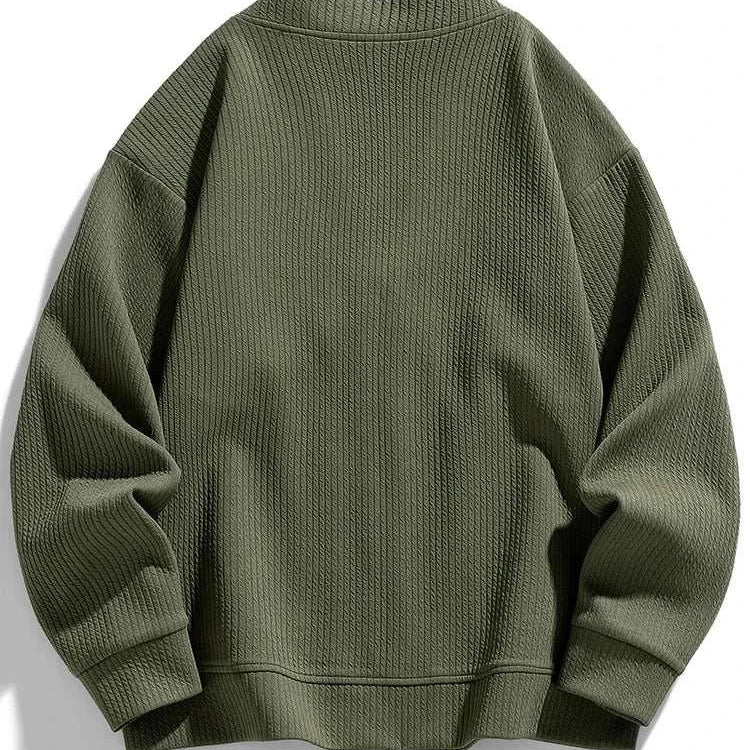 Men's winter cardigan sweater with zipper in olive green, made from polyester and spandex.