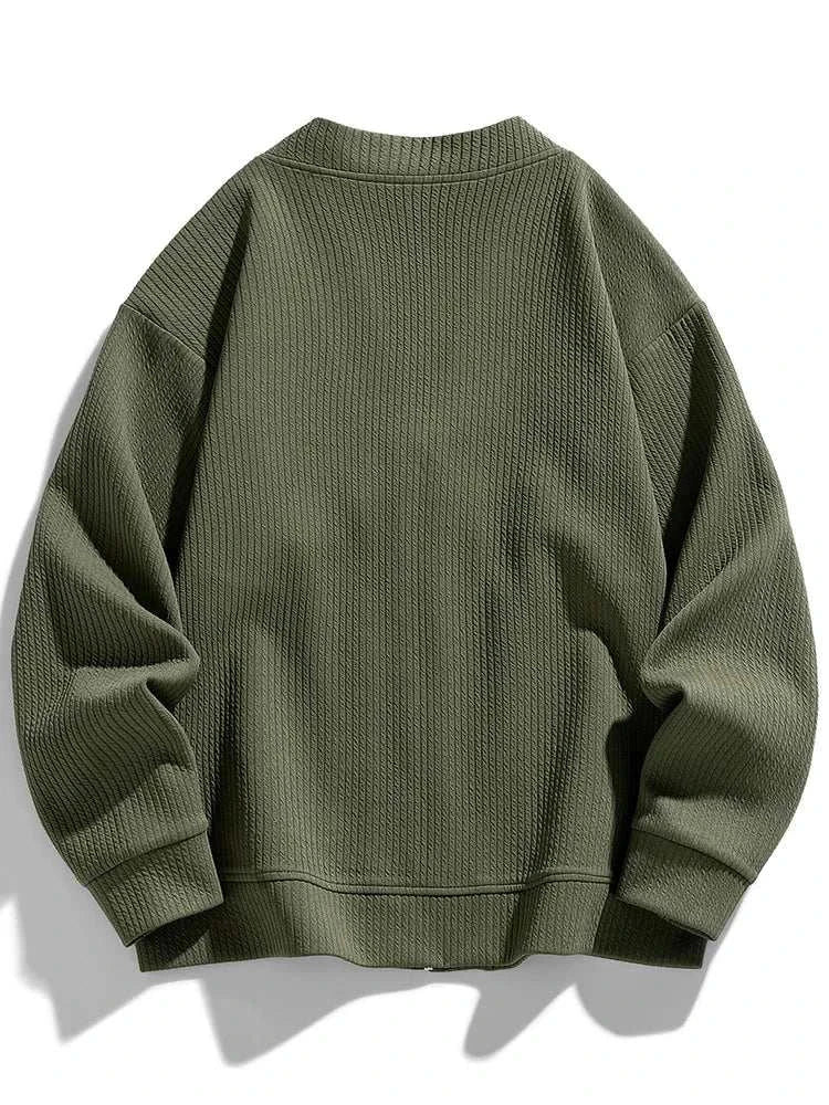 Men's winter cardigan sweater with zipper in olive green, made from polyester and spandex.
