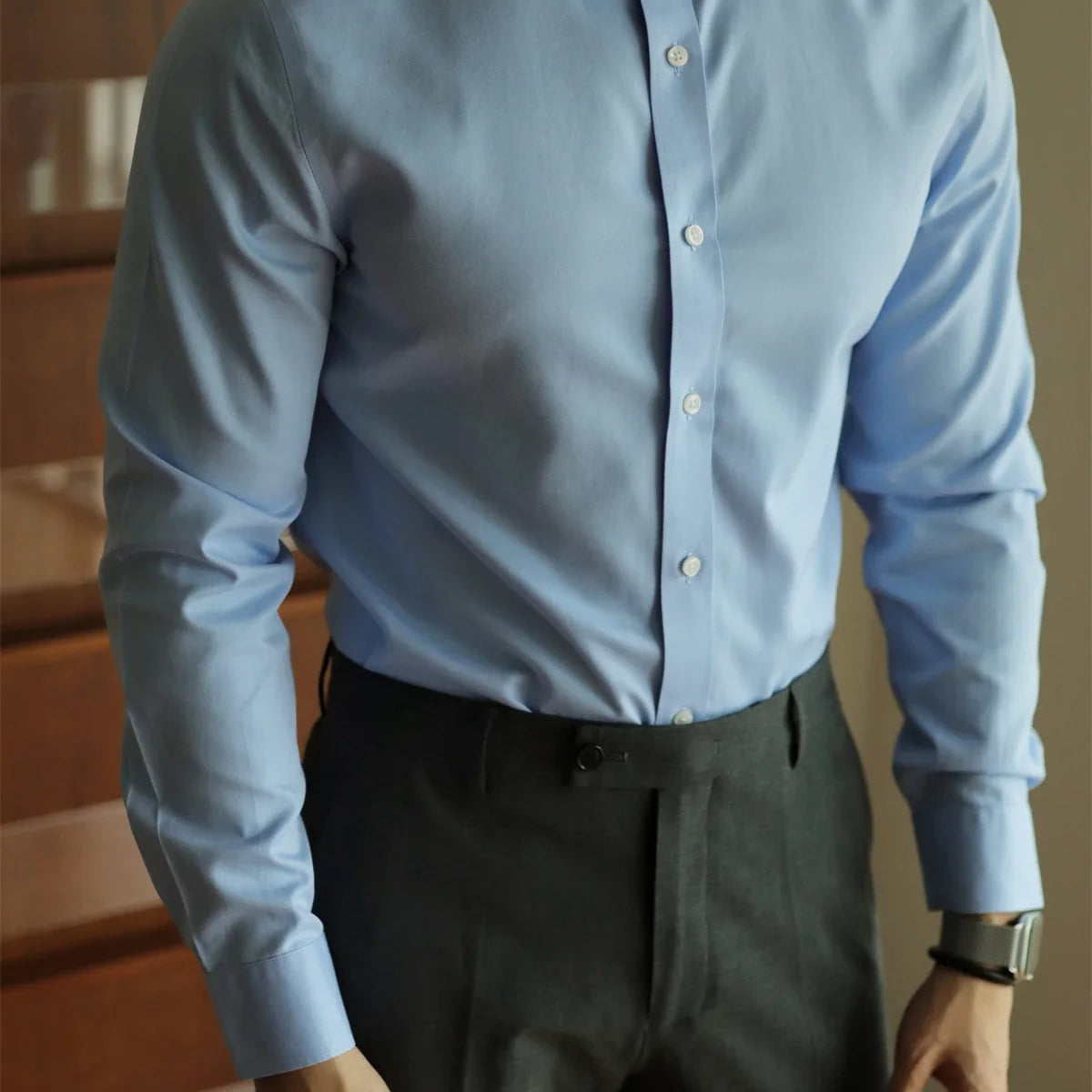Men's casual office Italian shirt in light blue, elegant cotton design.