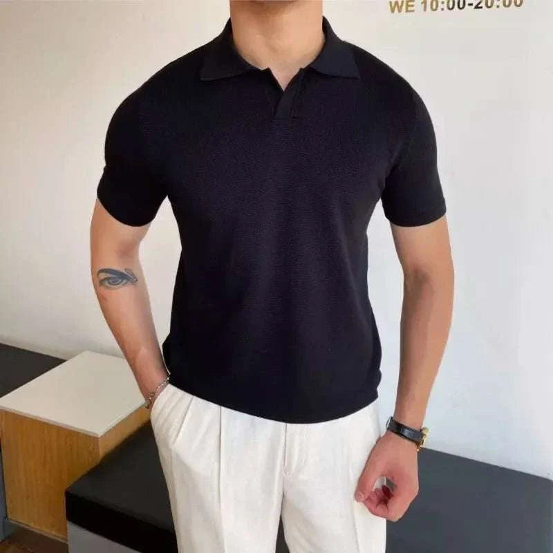 Men's Japanese summer regular fit t-shirt with v collar in black, smart casual style.