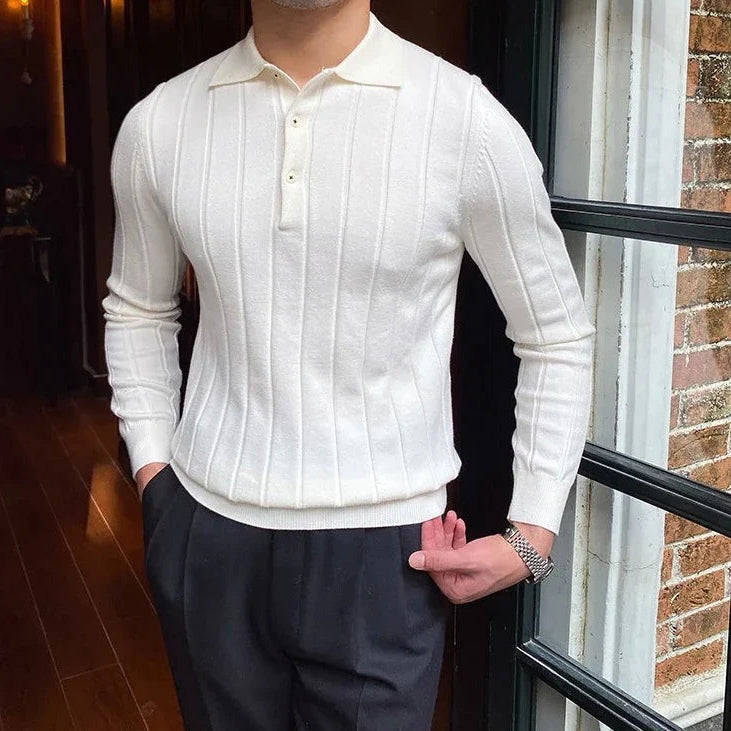 Oxford polo sweater in solid white, long-sleeved, premium quality, for men.
