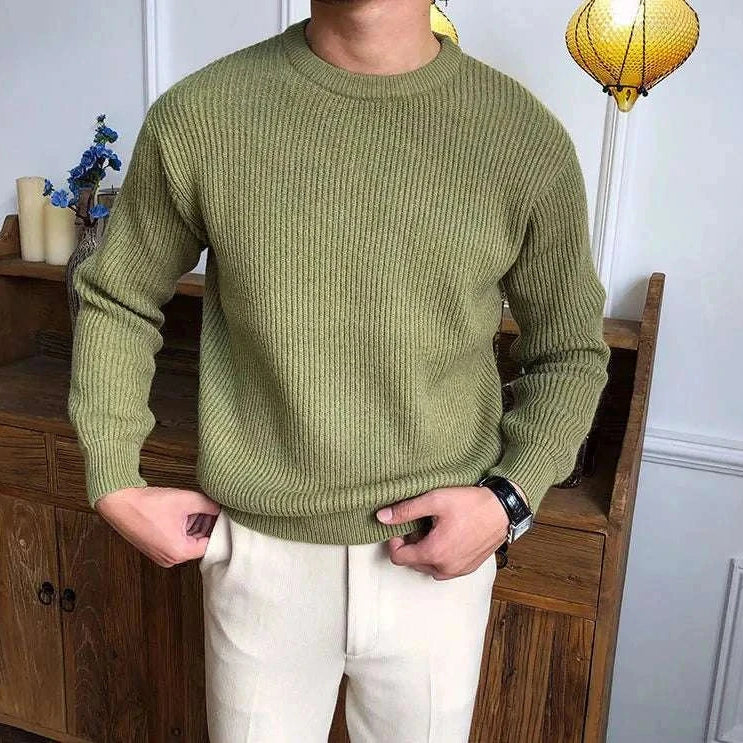 Antonios solid round neck knit sweater in olive green, made from standard wool for men.