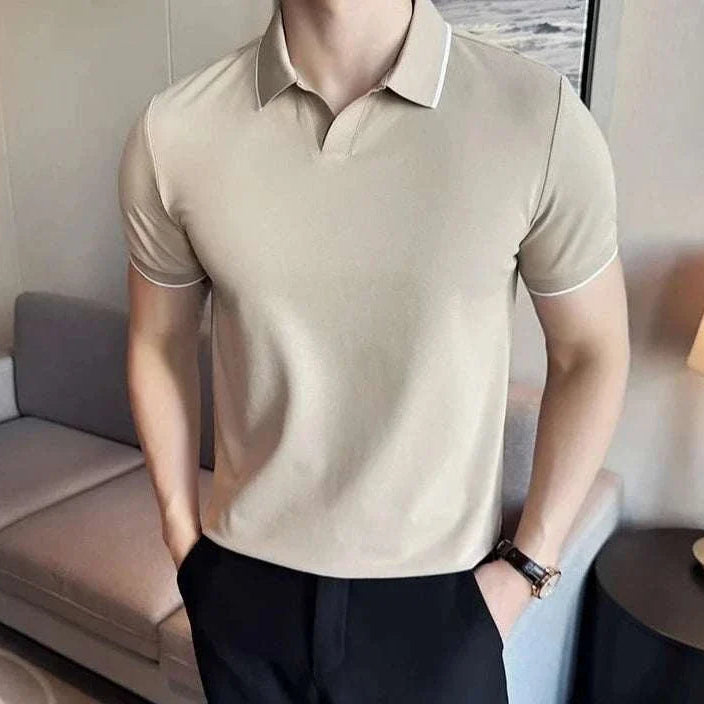 British slim fit summer polo t-shirt, men's solid color, spandex material, comfortable and breathable, ideal for spring/summer.