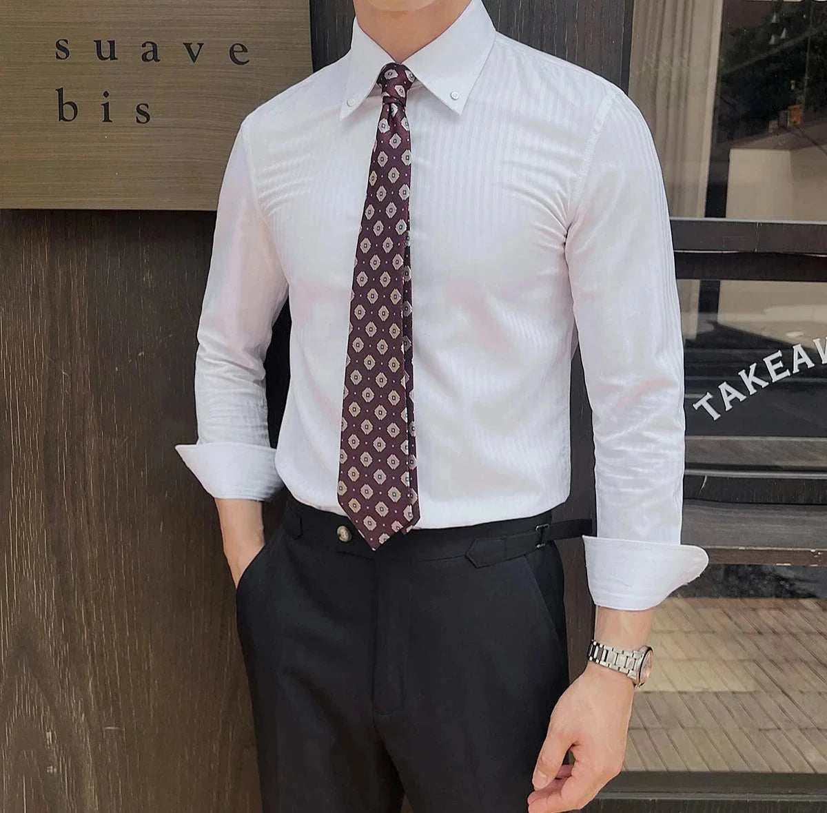 Business casual slim fit shirt for men in solid white, perfect for office and elegant outings.