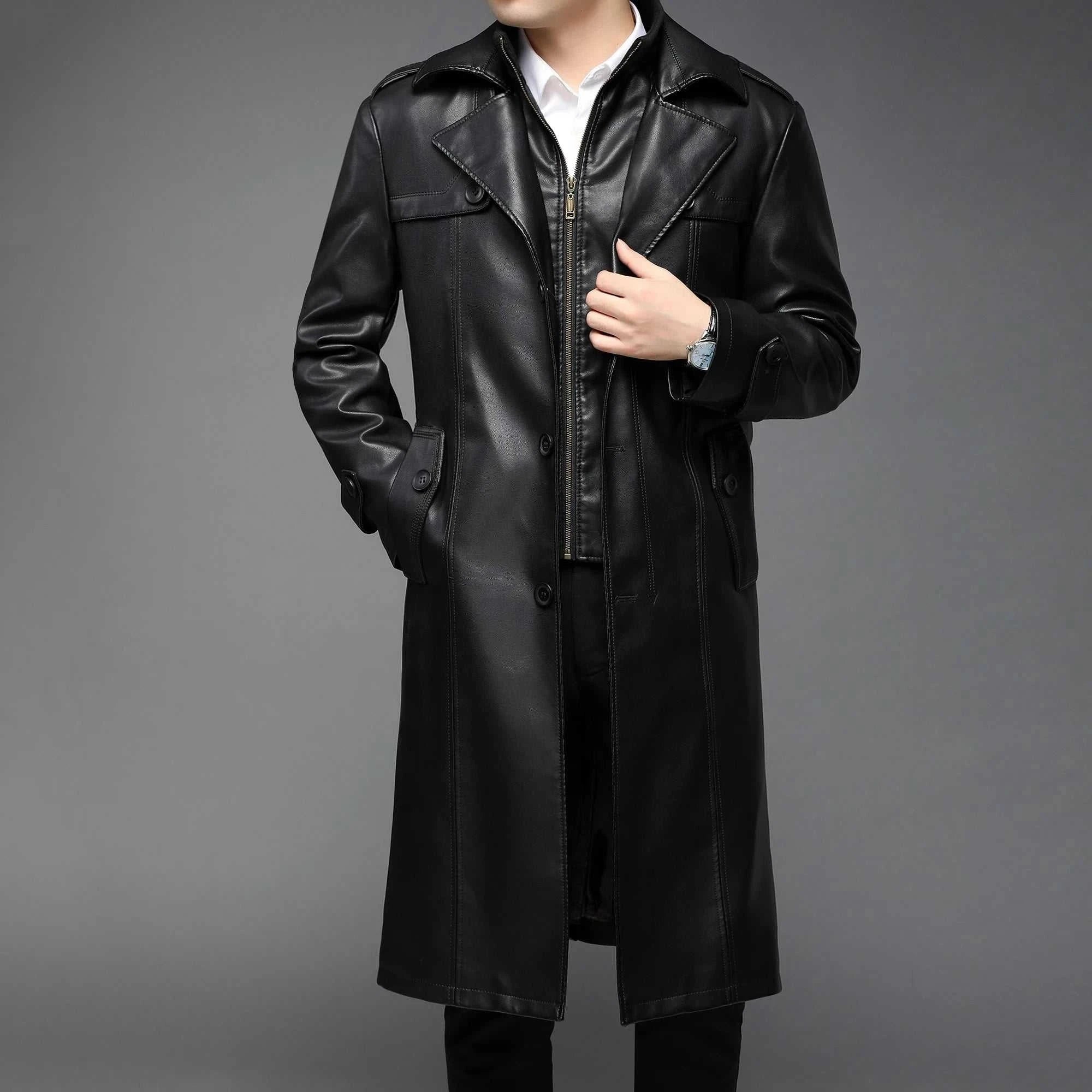 Men's PU leather long coat, faux leather, autumn/winter style.