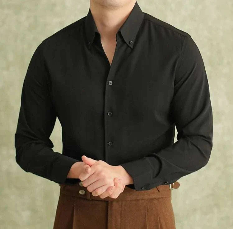 Spring pointer collar long sleeve shirt in black, for men, made of polyester and spandex.