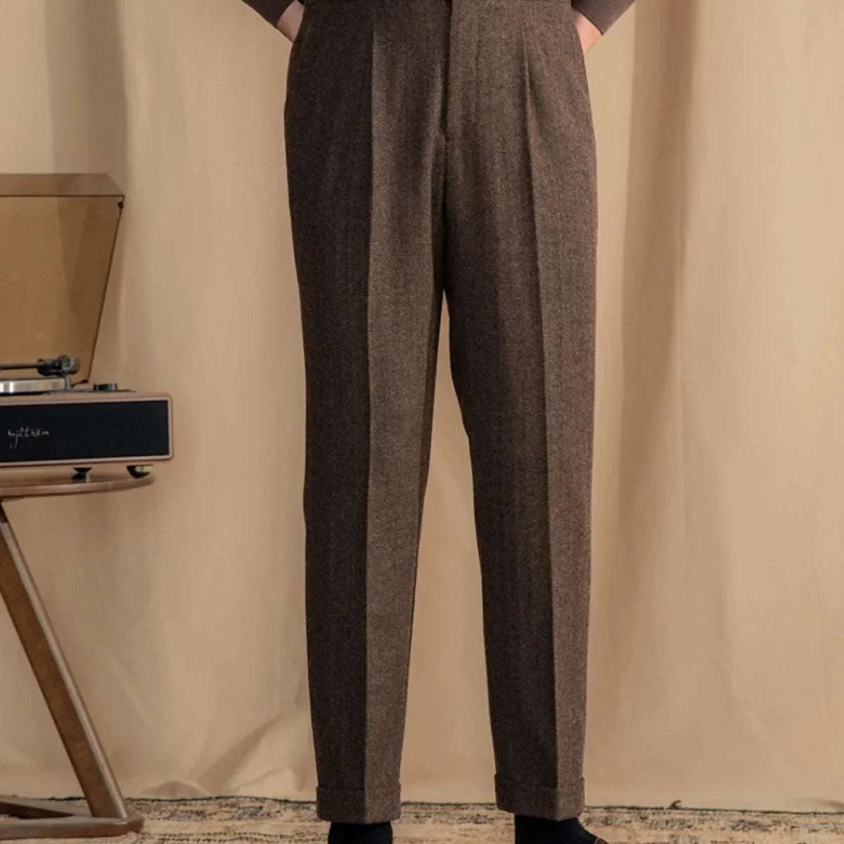 Antonios vintage wool herringbone pants in smart casual style.