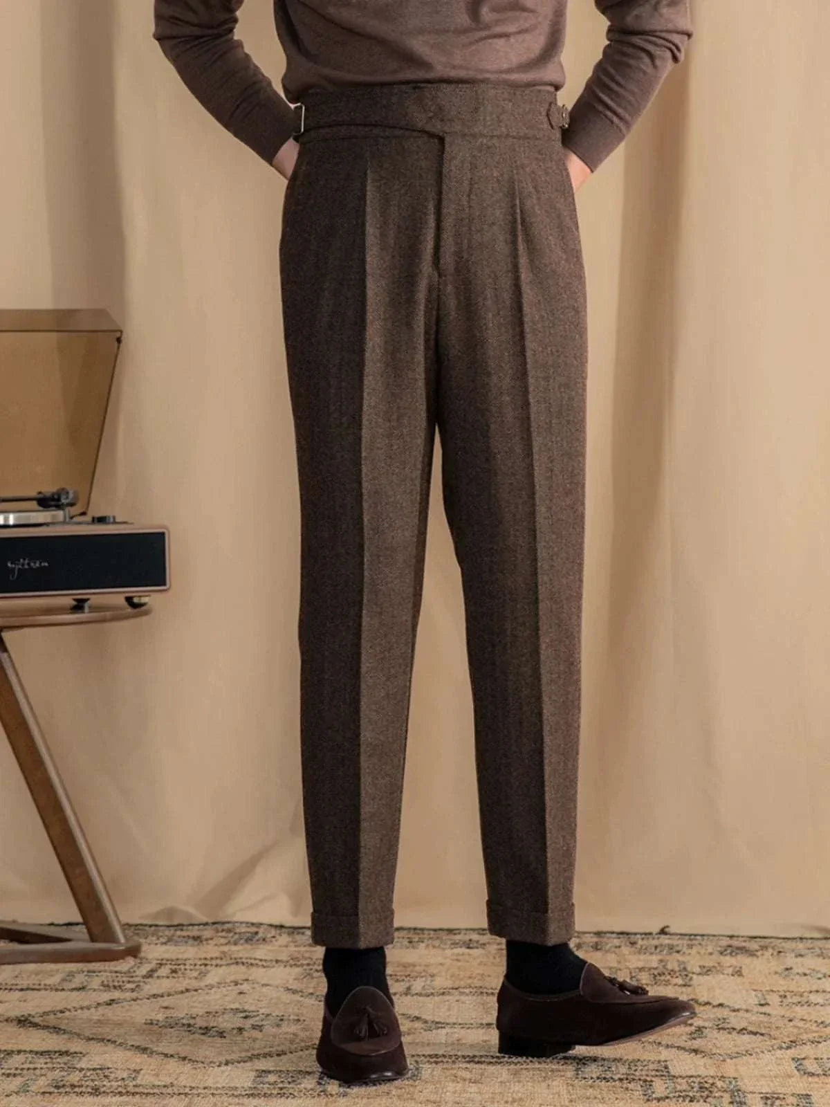 Antonios vintage wool herringbone pants in smart casual style.