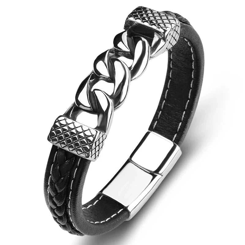 Classic chain stainless steel bracelet with PU material for everyday sophistication.