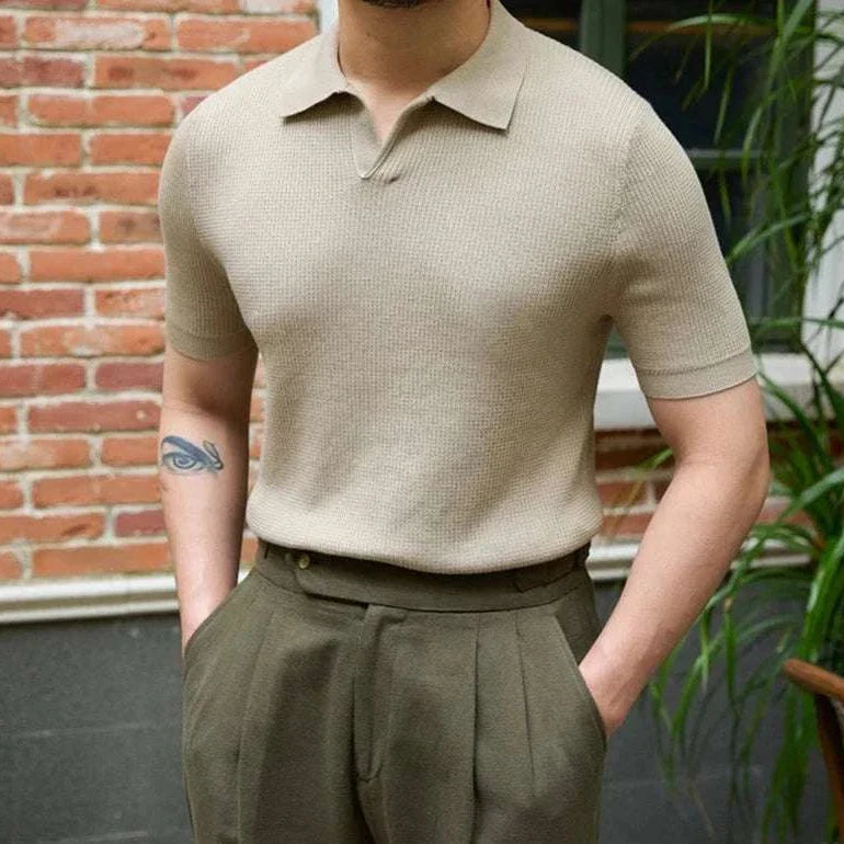 Summer v-neck polo English t-shirt for men in beige cotton, perfect for spring and summer style.