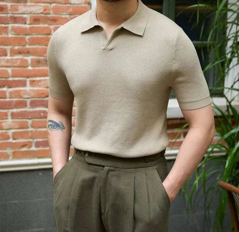 Summer v-neck polo English t-shirt for men in beige cotton, perfect for spring and summer style.