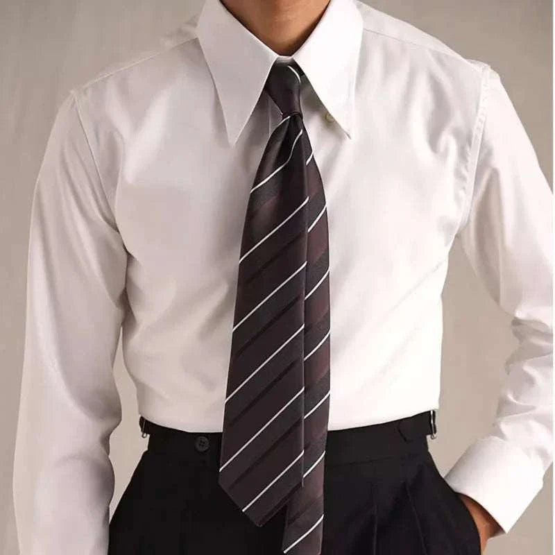 Men's party tuxedo long sleeve shirt in white polyester with striped black tie.