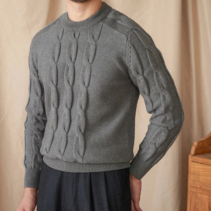 Round neck vintage sweater in gray, featuring cable knit design for men.