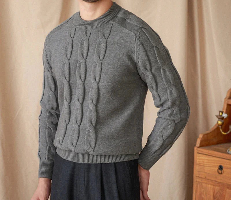 Round neck vintage sweater in gray, featuring cable knit design for men.