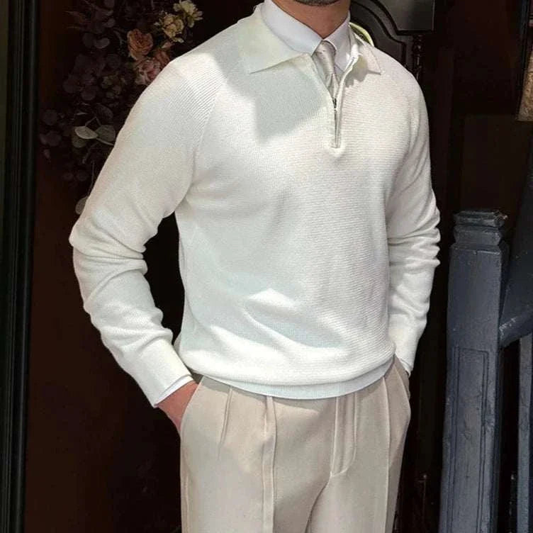 White Oxford zipper sweater for men, solid pattern, casual elegant style.