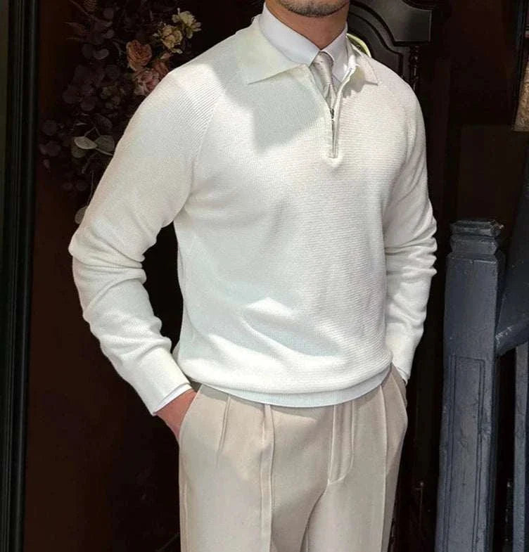 White Oxford zipper sweater for men, solid pattern, casual elegant style.