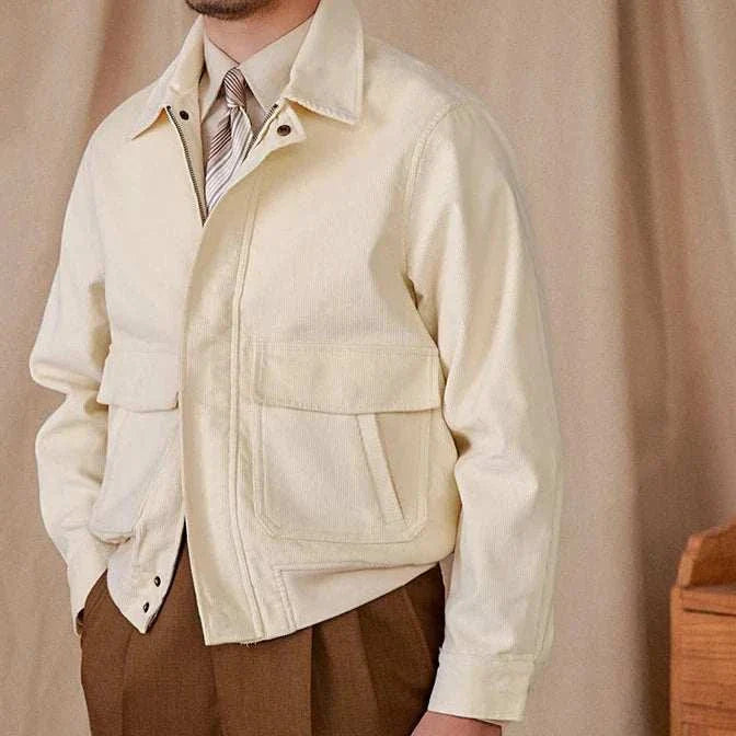 Men's pure cotton bomber jacket in beige, stylish and breathable design.