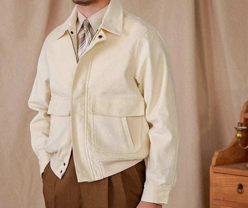 Men's pure cotton bomber jacket in beige, stylish and breathable design.