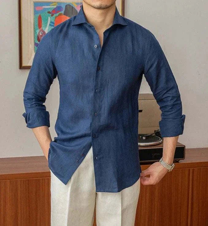 Lightweight linen long-sleeve shirt for men in dark blue, 100% linen, perfect for warm weather.