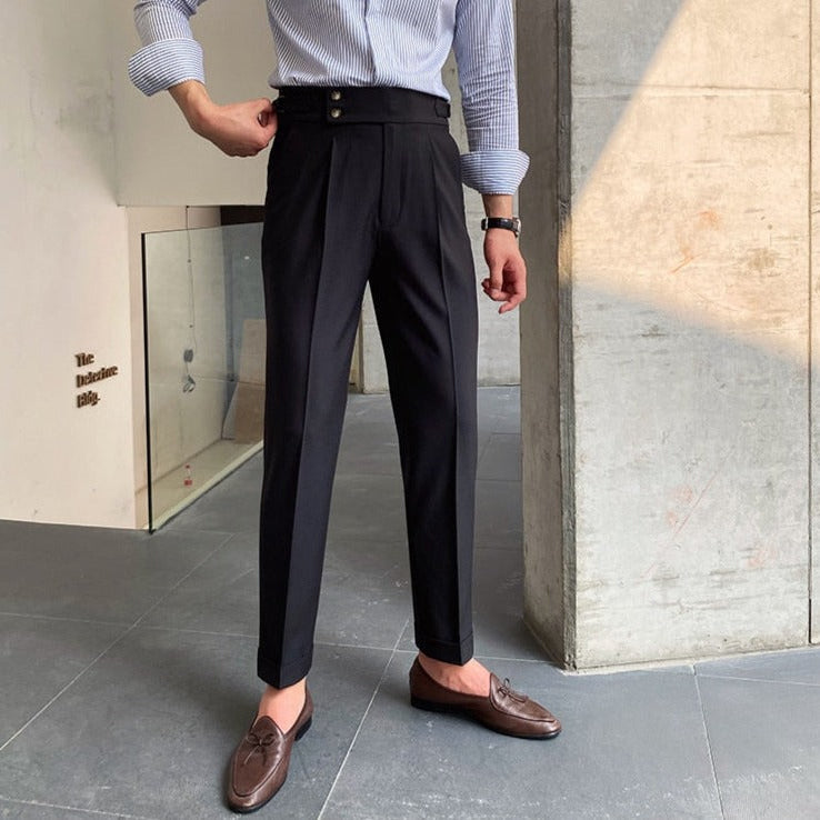 High Waist Trousers in black cotton for men, perfect for elegant spring and summer outfits.
