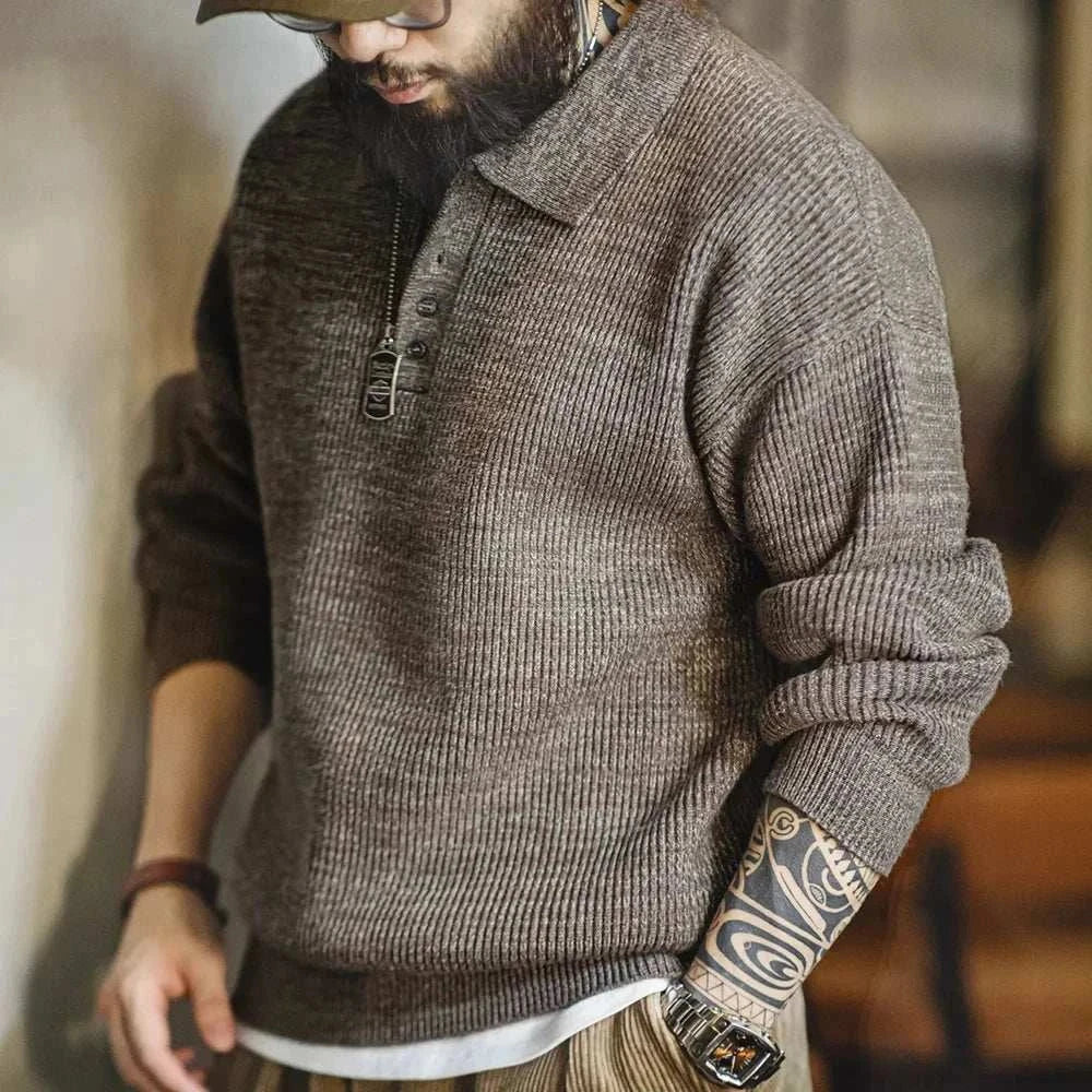 Retro knitted cold season sweater, men's autumn/winter fashion, soft viscose material, casual and elegant style.