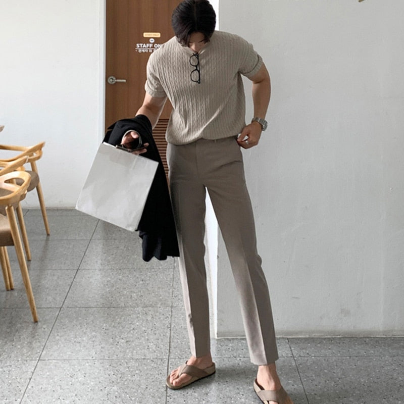 Korean Old Money T-Shirt styled with formal pants and sandals for a sophisticated look.