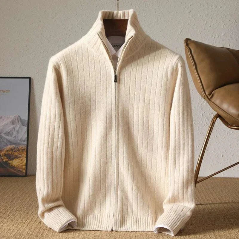 Antonios business casual cardigan in cream, wool-cotton blend, zip-up design.