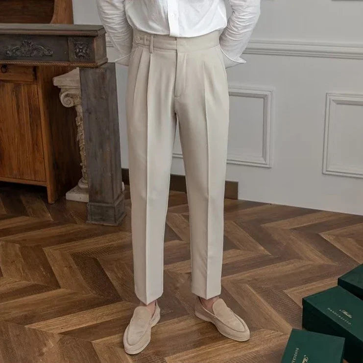 Antonios draped suit pants showcasing Korean-inspired elegance in beige, full-length style.