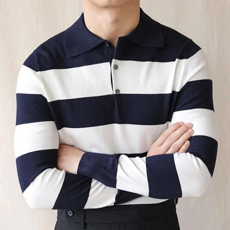 Oxford striped sweater in navy blue and white, casual and elegant design.